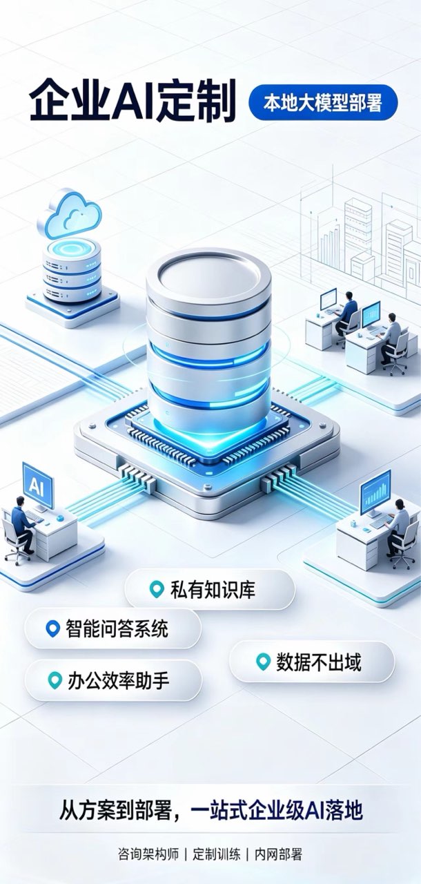 企业AI定制，本地大模型部署。私有知识库、智能问答系统、办公效率助手、数据不出域。从方案到部署，一站式企业级AI落地：咨询架构师、定制训练、内网部署。